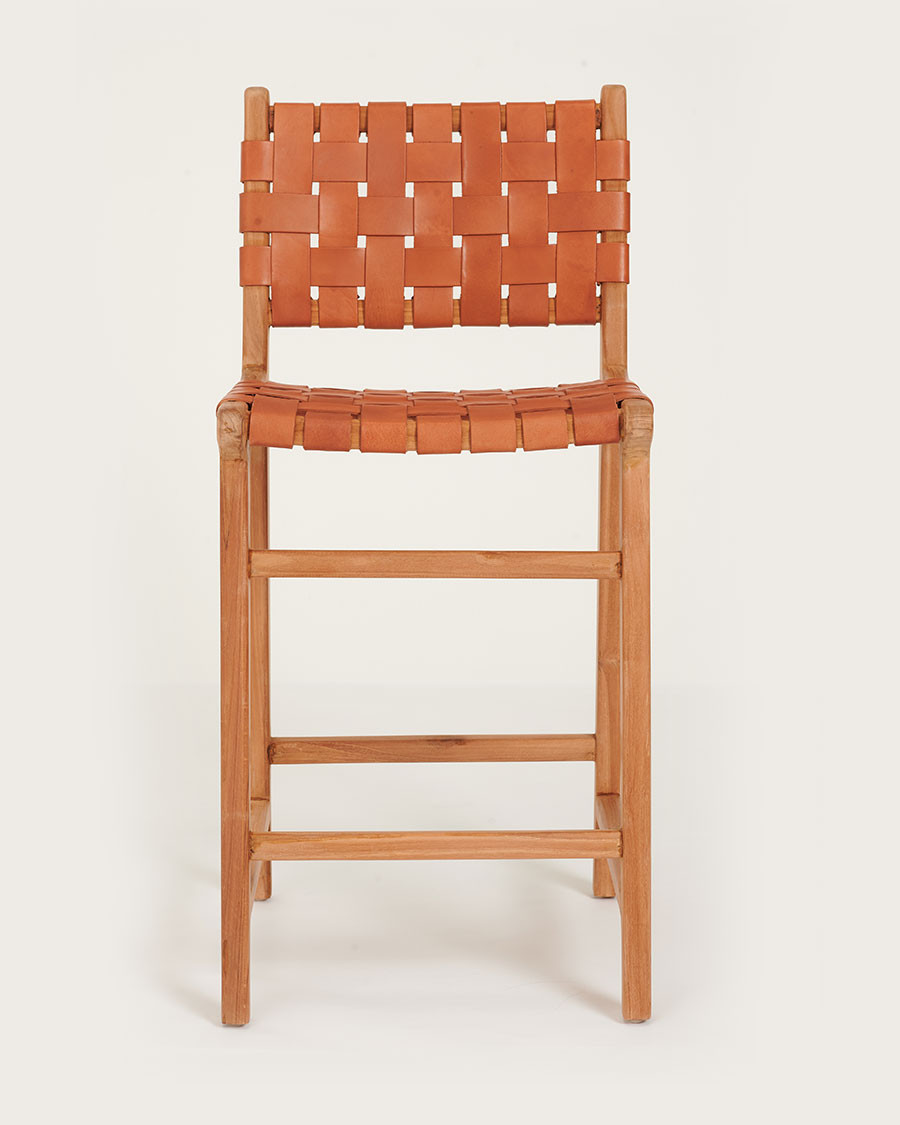 Ambra - Lot de 2 Chaise de bar en teck massif et cuir vachette tressé marron