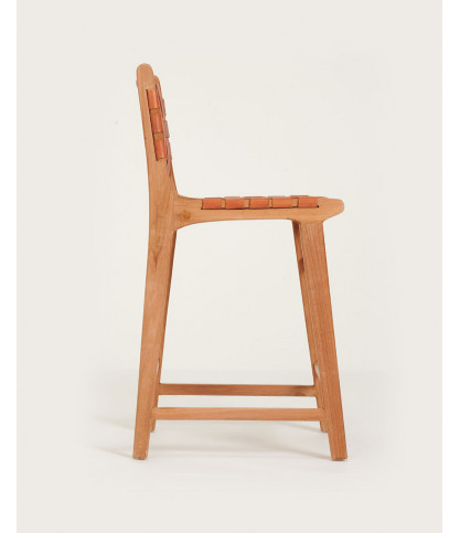 Ambra - Lot de 2 Chaise de bar en teck massif et cuir vachette tressé marron