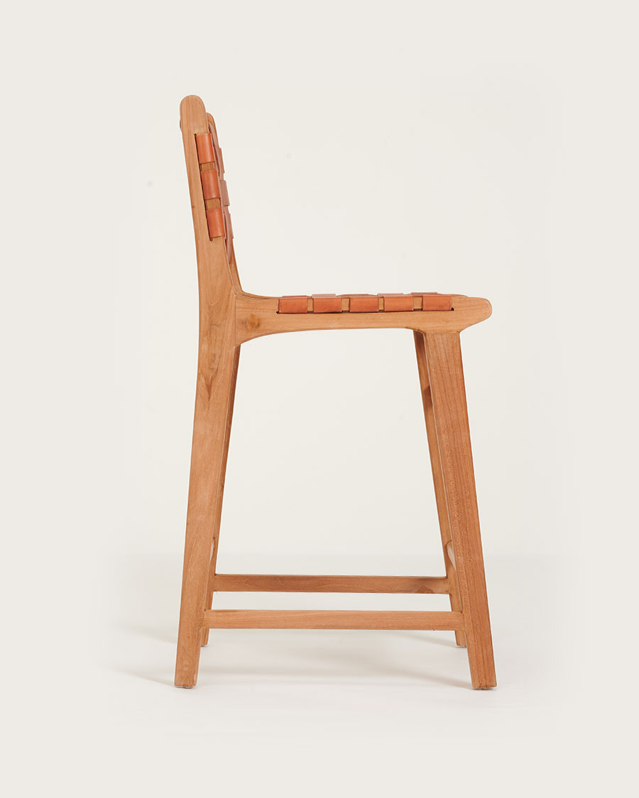 Ambra - Lot de 2 Chaise de bar en teck massif et cuir vachette tressé marron