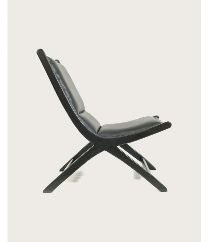 Safran - Fauteuil lounge en teck et cuir noir