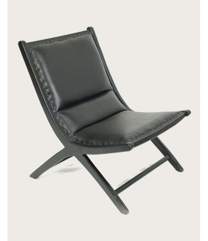 Safran - Fauteuil lounge en teck et cuir noir