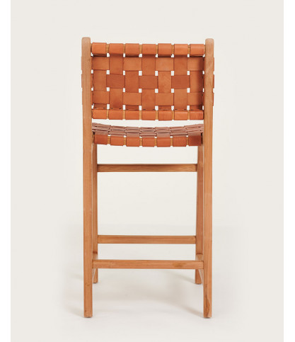 Ambra - Lot de 2 Chaise de bar en teck massif et cuir vachette tressé marron