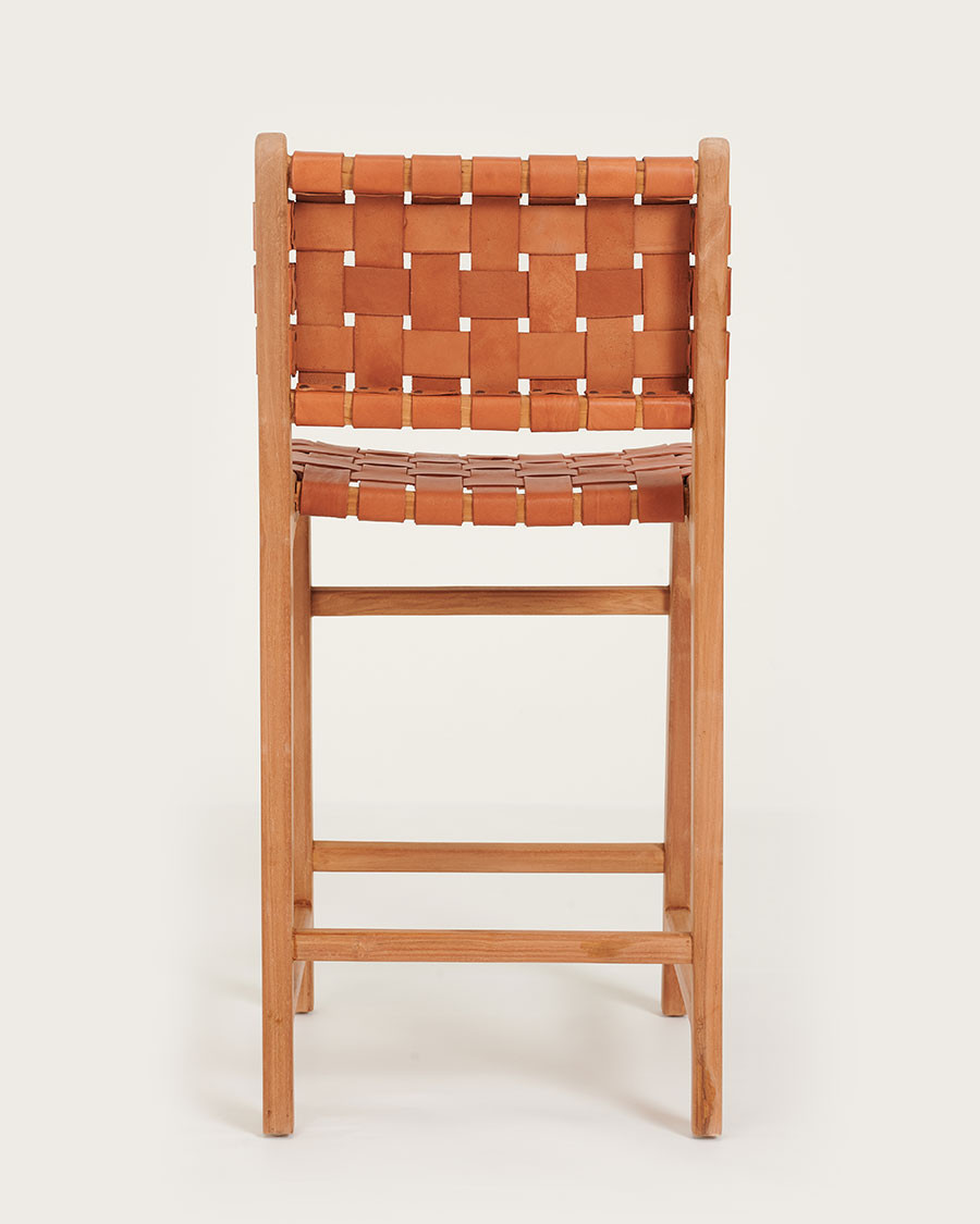 Ambra - Lot de 2 Chaise de bar en teck massif et cuir vachette tressé marron