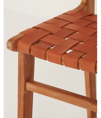 Ambra - Lot de 2 Chaise de bar en teck massif et cuir vachette tressé marron