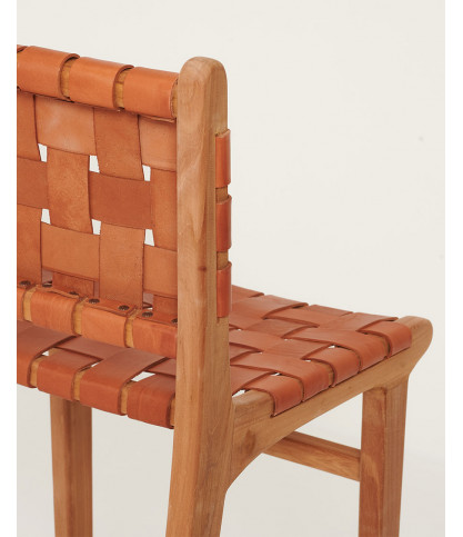 Ambra - Lot de 2 Chaise de bar en teck massif et cuir vachette tressé marron