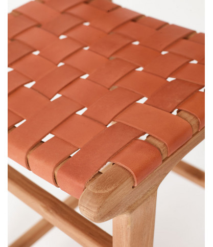 Ambra - Lot de 2 Chaise de bar en teck massif et cuir vachette tressé marron