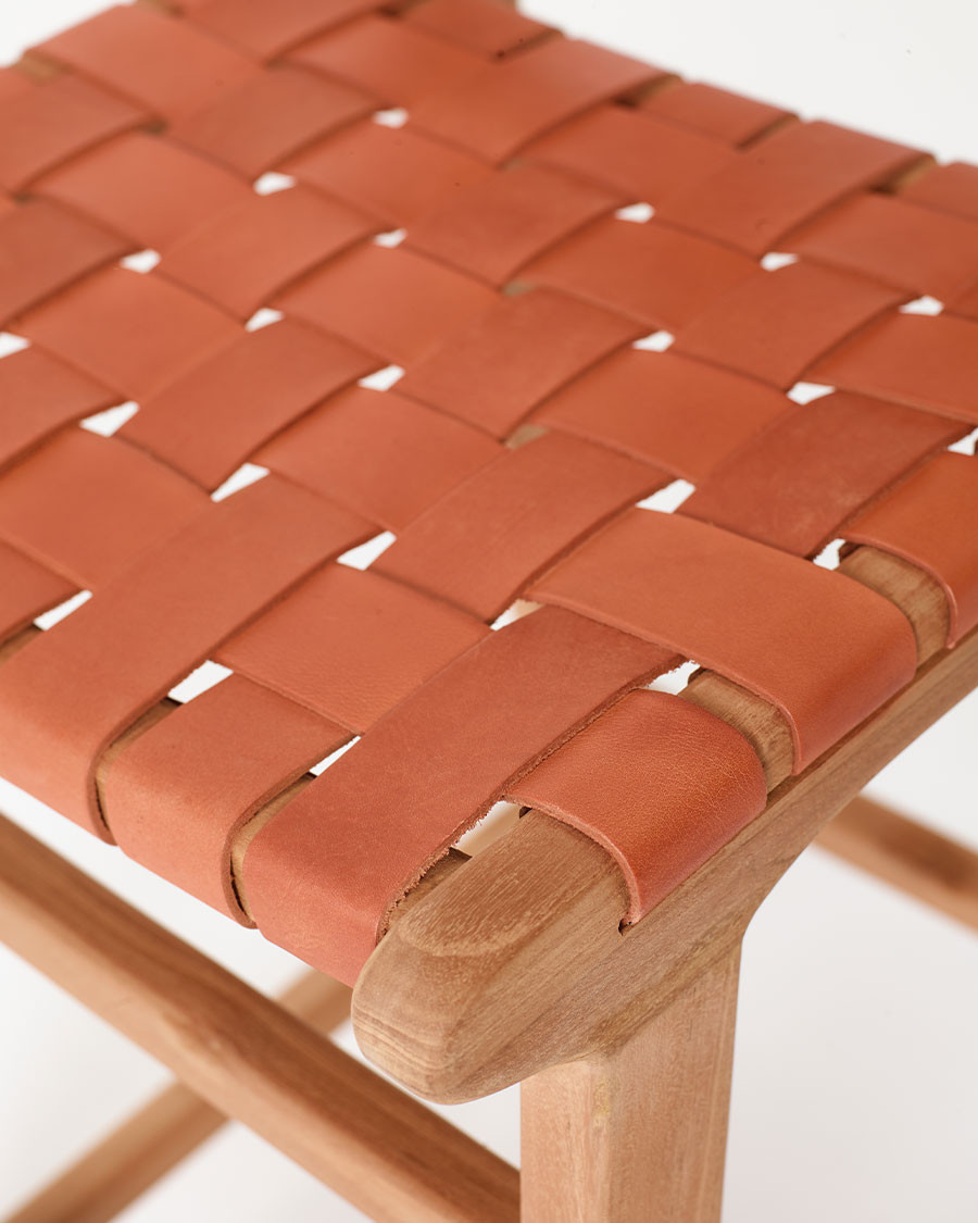 Ambra - Lot de 2 Chaise de bar en teck massif et cuir vachette tressé marron