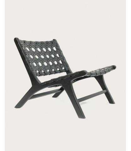 Zanzibar - Fauteuil lounge en teck et cuir noir