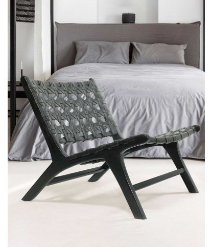 Zanzibar - Fauteuil lounge en teck et cuir noir