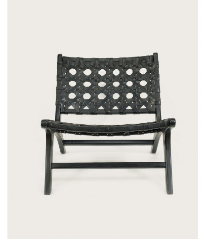Zanzibar - Fauteuil lounge en teck et cuir noir