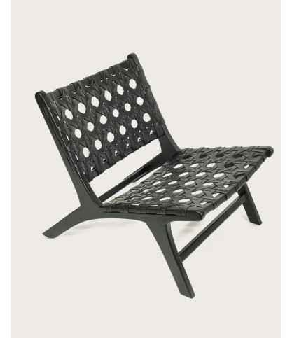 Zanzibar - Fauteuil lounge en teck et cuir noir