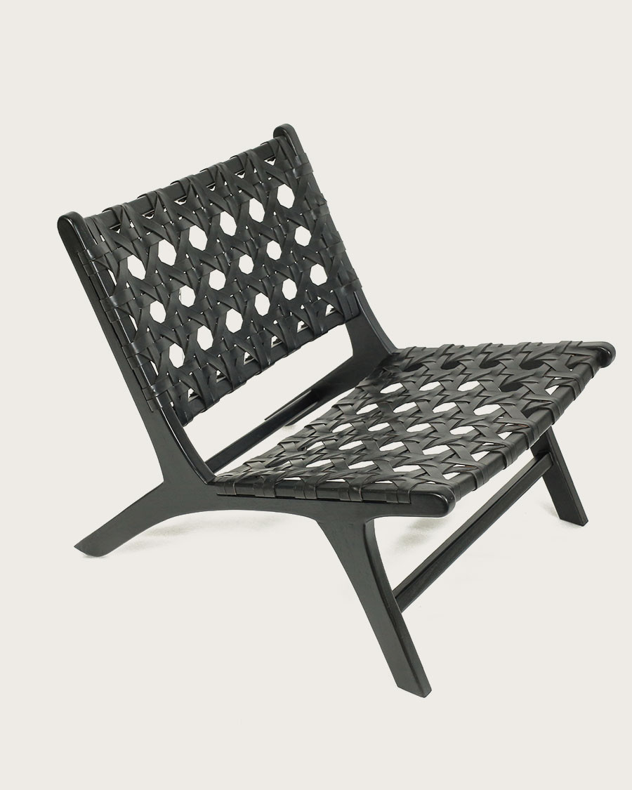 Zanzibar - Fauteuil lounge en teck et cuir noir