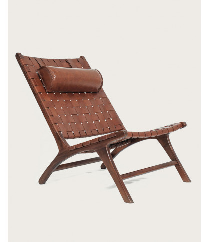 California - Fauteuil lounge dossier haut en teck et cuir marron