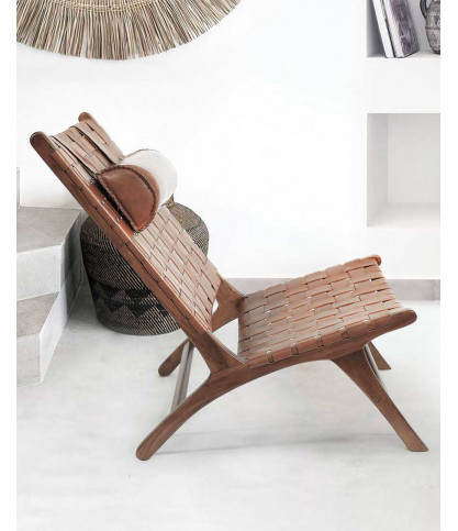 California - Fauteuil lounge dossier haut en teck et cuir marron
