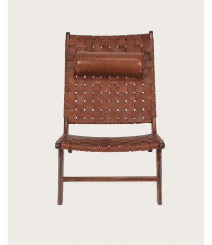 California - Fauteuil lounge dossier haut en teck et cuir marron