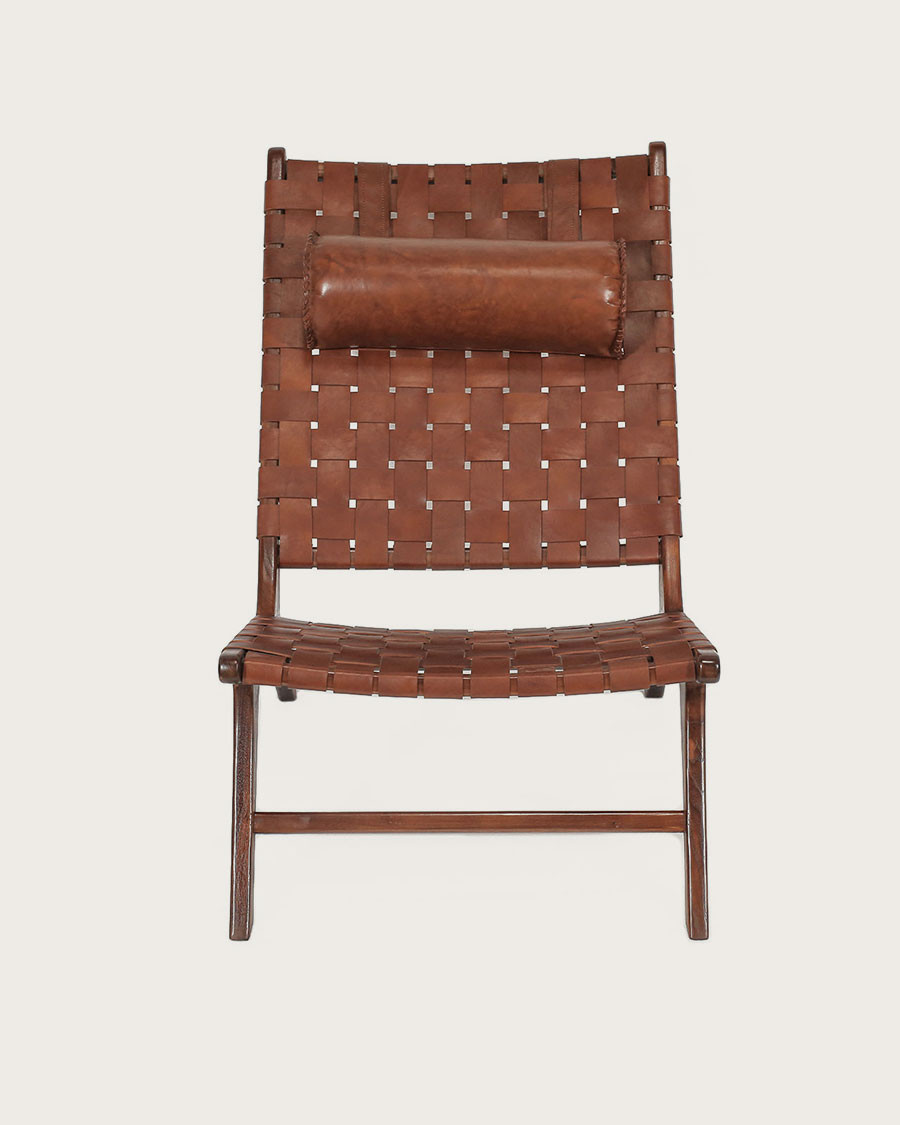 California - Fauteuil lounge dossier haut en teck et cuir marron