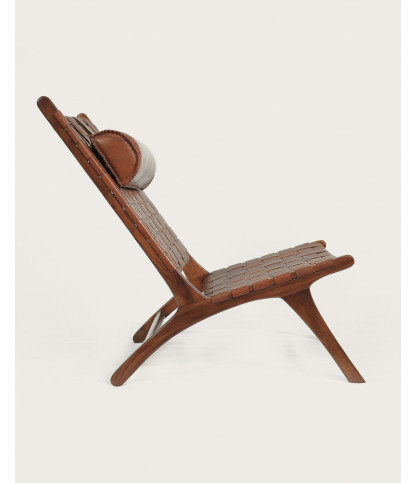 California - Fauteuil lounge dossier haut en teck et cuir marron