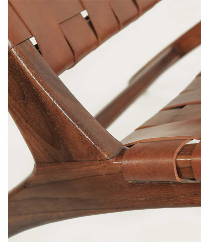 California - Fauteuil lounge dossier haut en teck et cuir marron