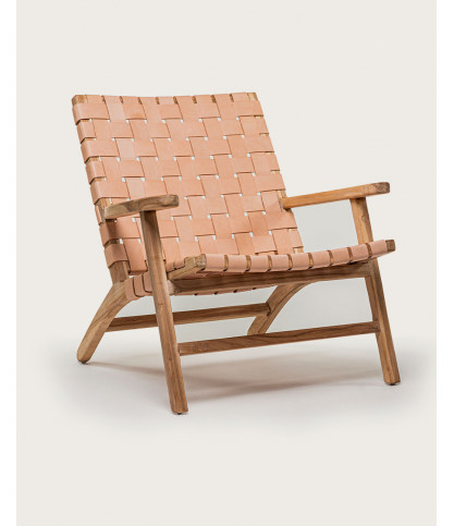 Salmon - Fauteuil lounge en teck et cuir saumon