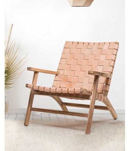 Salmon - Fauteuil lounge en teck et cuir saumon