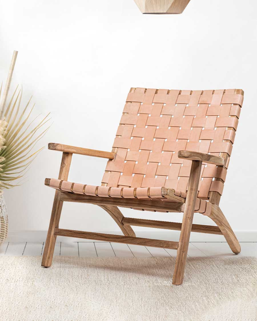 Salmon - Fauteuil lounge en teck et cuir saumon
