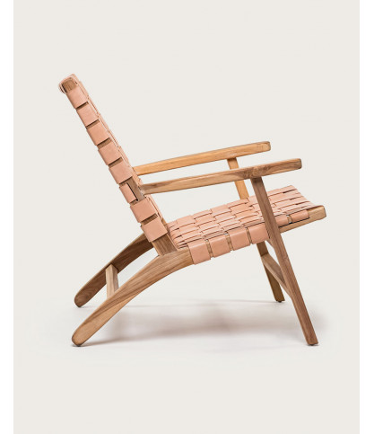 Salmon - Fauteuil lounge en teck et cuir saumon