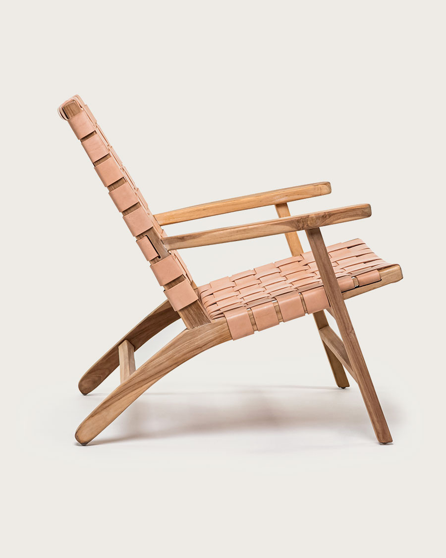 Salmon - Fauteuil lounge en teck et cuir saumon