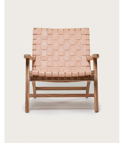 Salmon - Fauteuil lounge en teck et cuir saumon