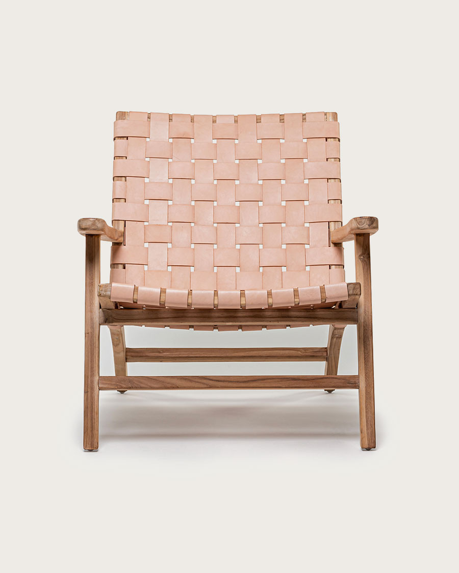 Salmon - Fauteuil lounge en teck et cuir saumon