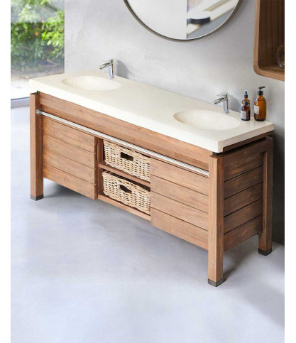 Harmonie - Meuble salle de bain en teck et marbre terrazzo blanc 165 cm