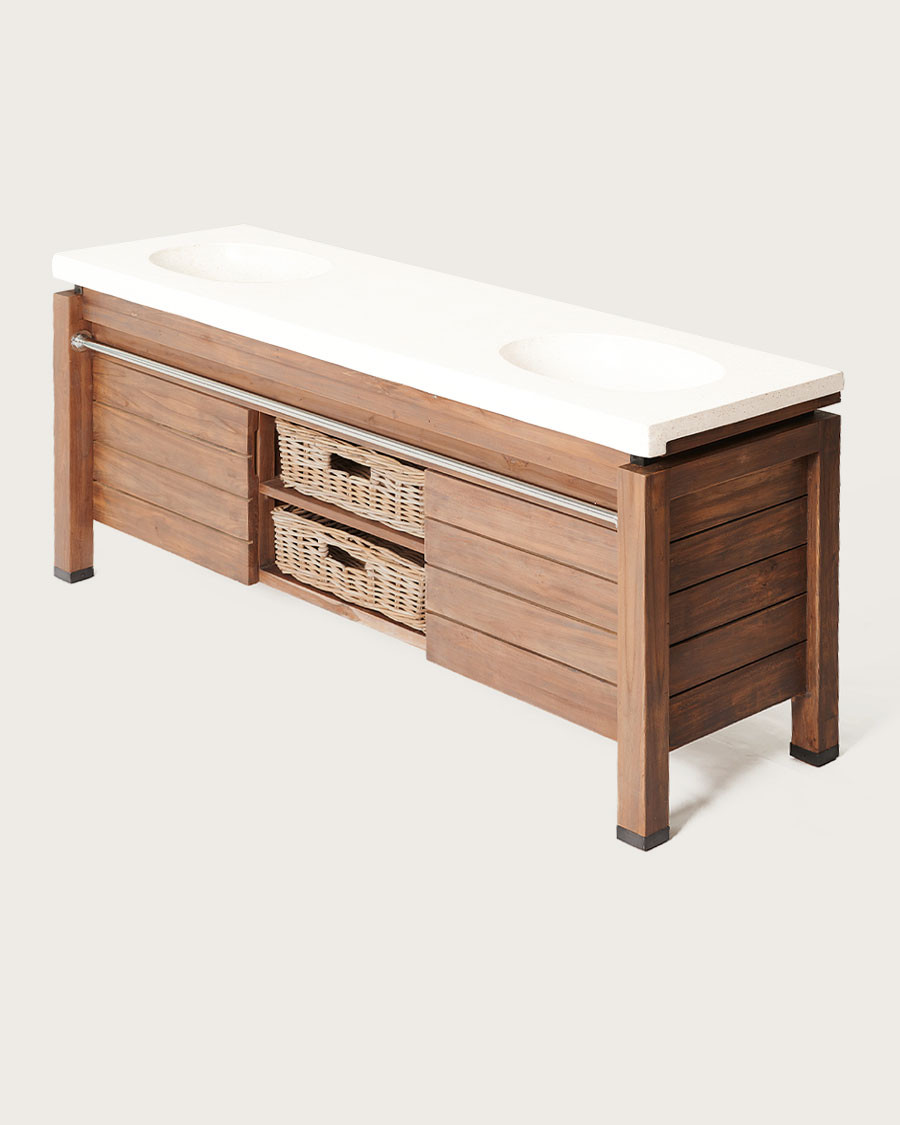 Harmonie - Meuble salle de bain en teck et marbre terrazzo blanc 165 cm